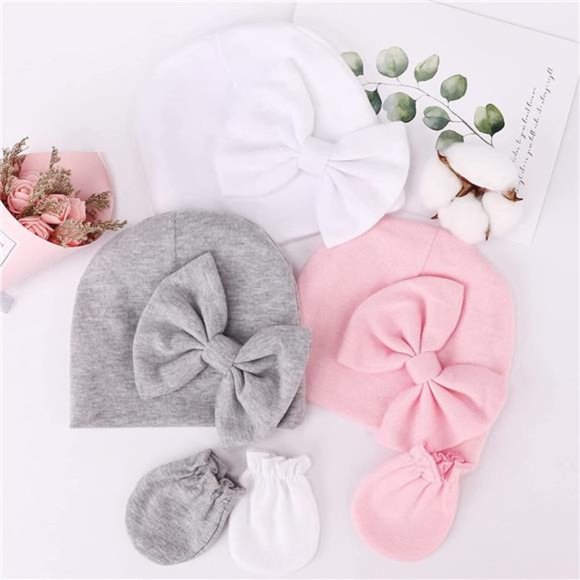 BQUBO Newborn Baby Hats Mittens Set Hospital Hat Beanie Infant Bow Hats